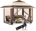 CROWN SHADES 13x13 Pop Up Gazebo with Mosquito Nettings, Patented Center Lock 6-Sided Portable Gazebo, 300D Silver-Coated Fabric UV Resistant, Pop Up Canopy Tent for Patio, Party, Beige&Coffee