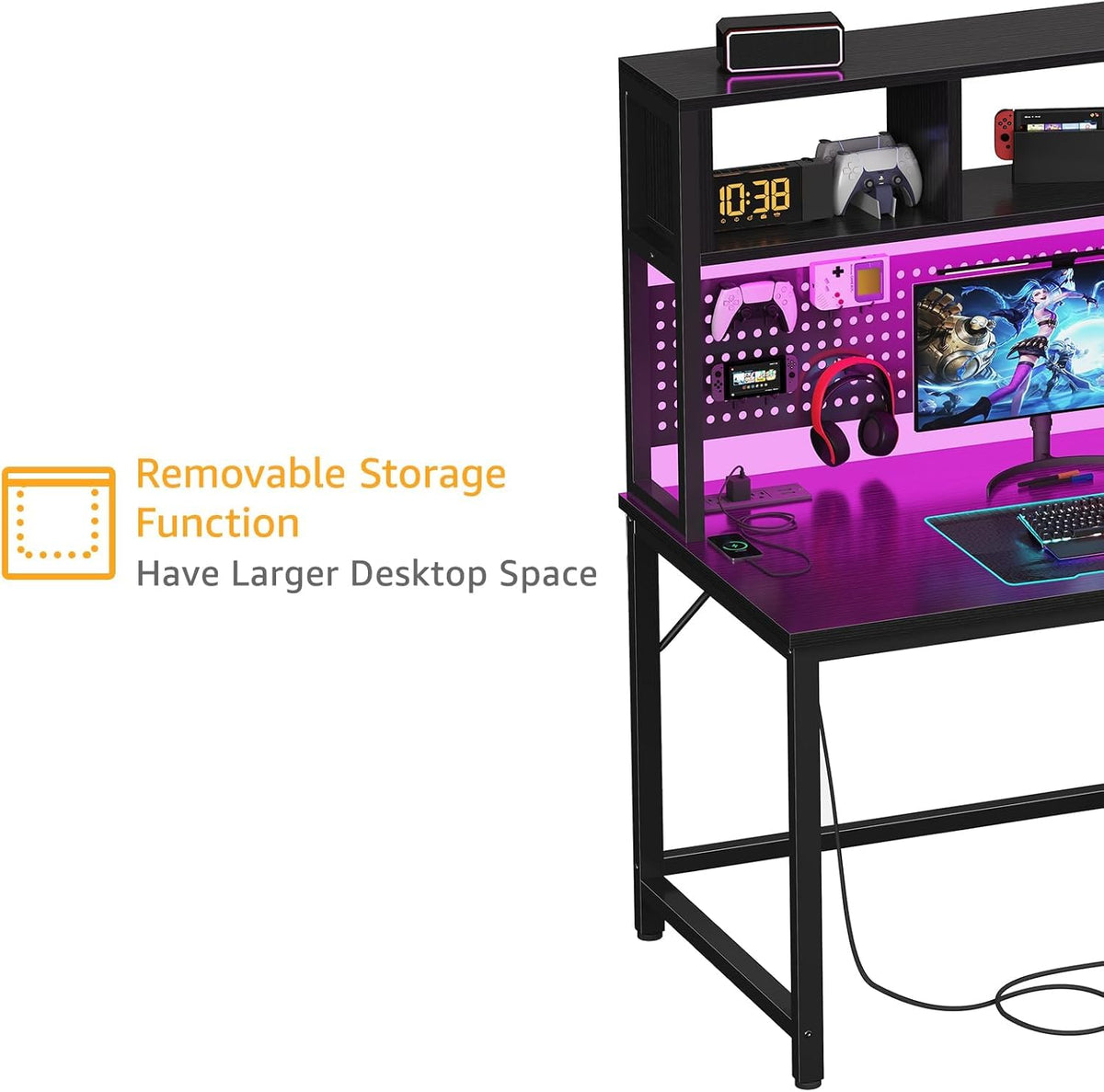 DLisiting Black Gaming Desk with Hutch and Pegboard - 47 Inch Gaming Desk with Shelves Storage Power Outlets, Computer Teen Work Study Writing Desks for Bedroom Home Office