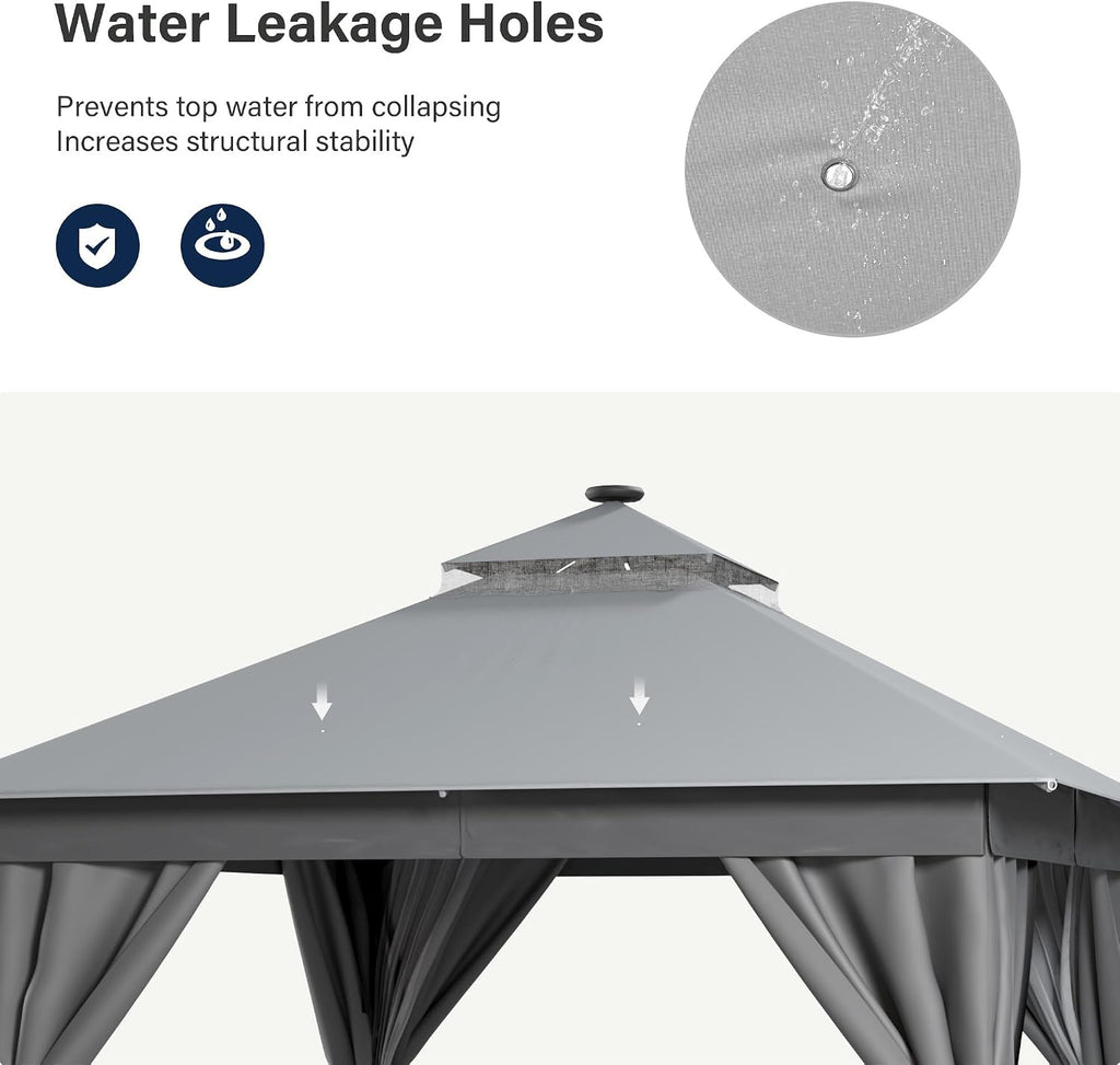 LAUSAINT HOME 10'x10' Outdoor Gazebo with Solar LED Lights, Metal Frame Heavy Duty Patio Canopy Tent Shelter with Double Roofs, Mosquito Nettings and Privacy Screens for Backyard, Garden, Lawn, Gray