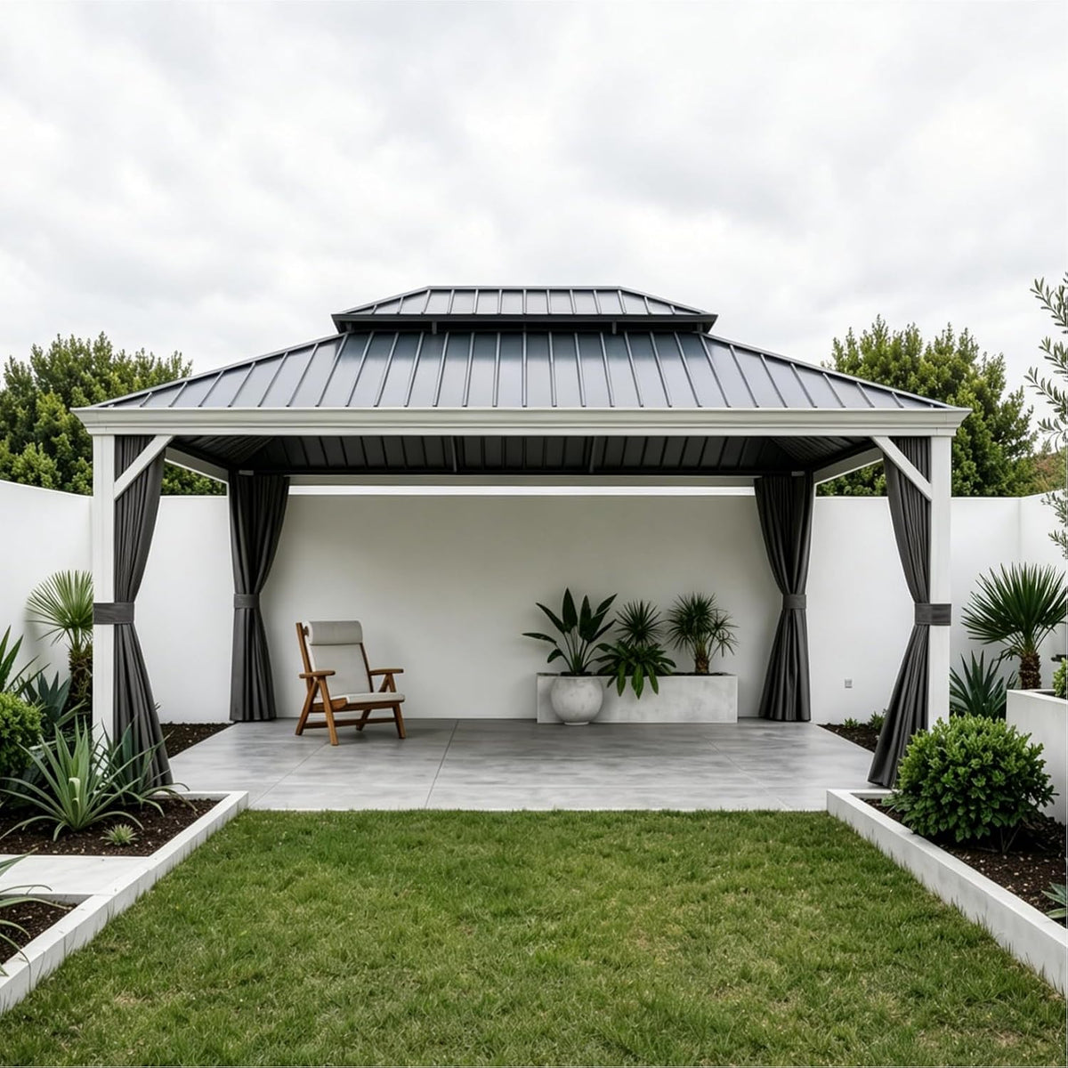 PURPLE LEAF 14' X 16' Hardtop Gazebo with Double Galvanized Steel Roof Awning and Upgrade Curtain for Patio Lawn and Garden, Grey