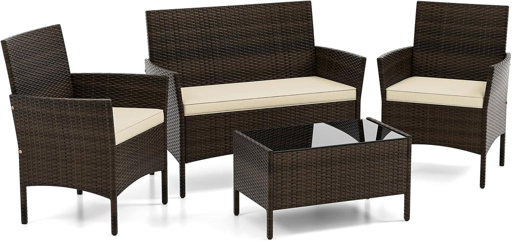 DORTALA Wicker Patio Furniture Set 4 Piece, Outdoor PE Rattan Table & Chairs Set with Tempered Glass Coffee Table, Loveseat, Cushions, Conversation Set for Balcony, Porch, Backyard, Deck, Beige