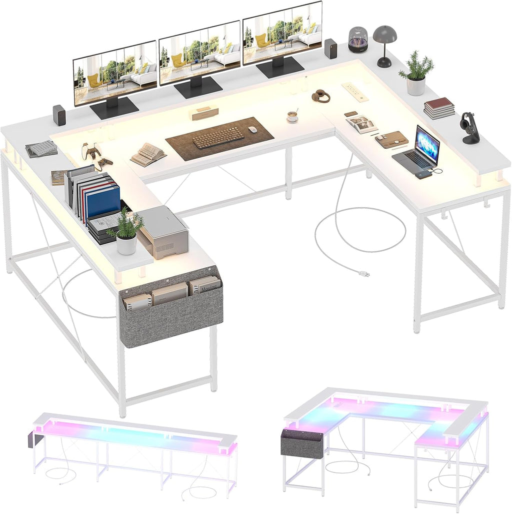 Jojoka U Shaped Computer Gaming Desk, Reversible L Shaped Desk with Power Outlets, LED Strip & Monitor Stand, Large Corner Desk with Storage Shelves for Home Office, White