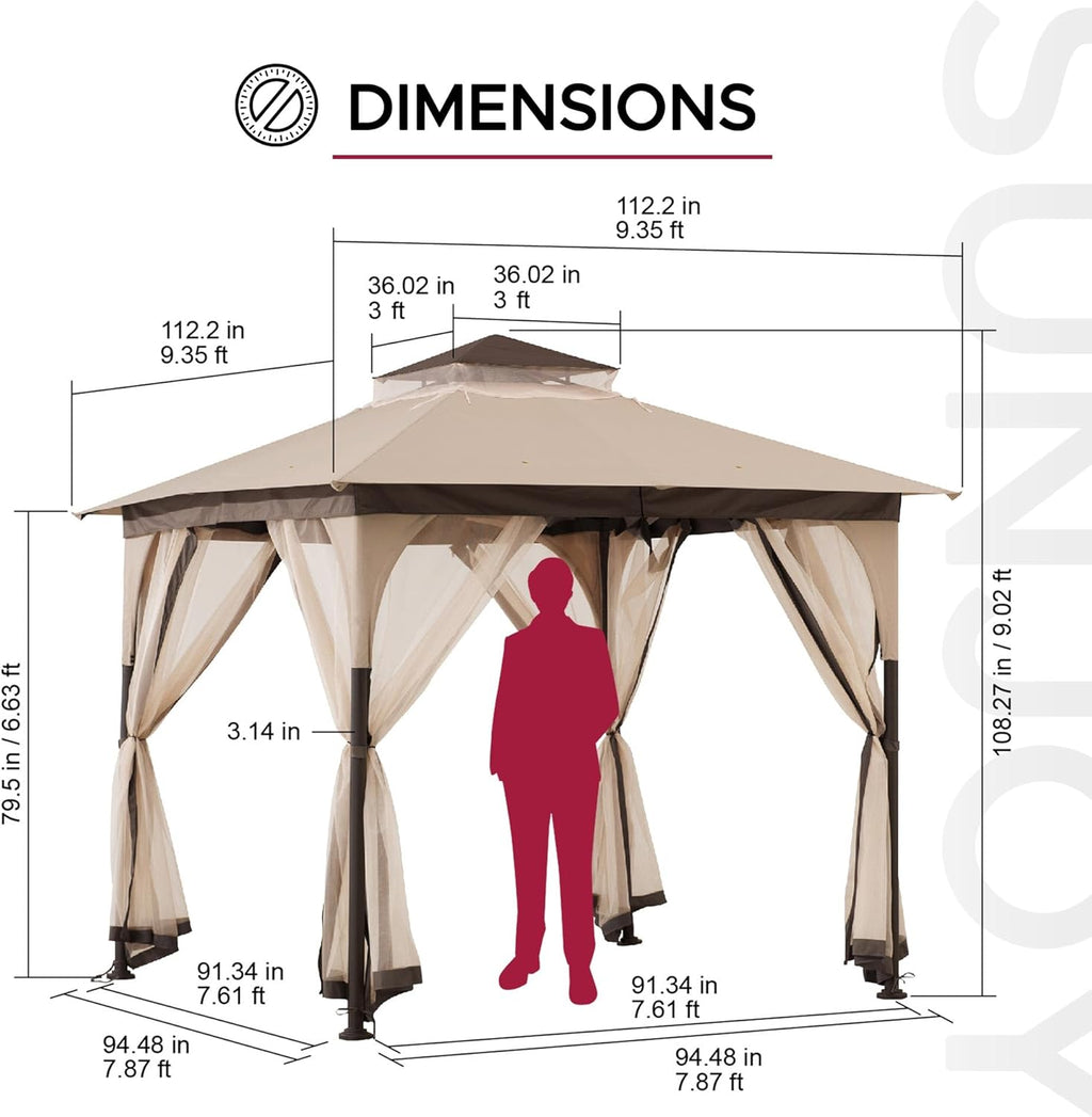 Sunjoy 9 ft. x 9 ft. Gazebo with 2-Tier Canopy Roof, Steel Frame Soft top Gazebo with Ceiling Hook and Mosquito Netting, Tan and Brown
