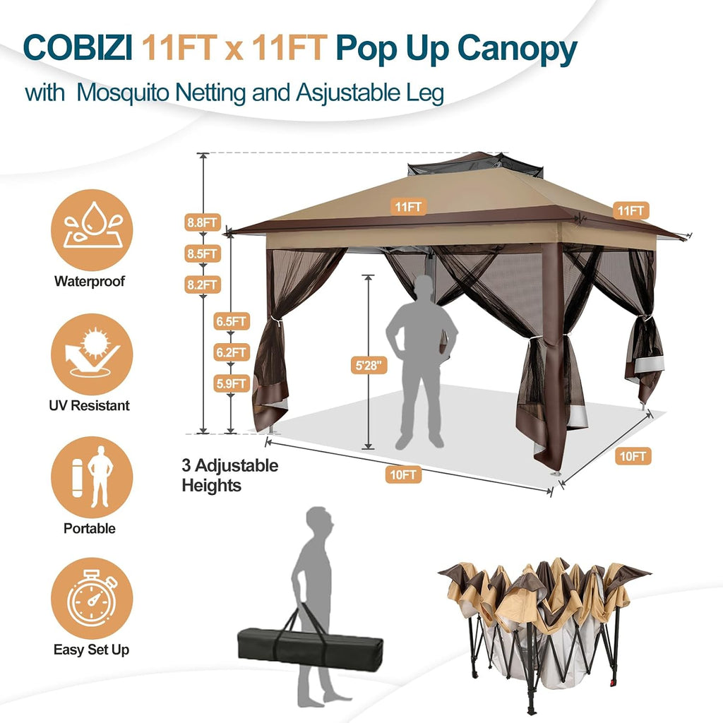 COBIZI 11x11 Pop Up Gazebo Canopy Tent Easy Up Outdoor Gazebo Waterproof Upgrade Portable Gazebo with Mosquito Nettings, Double Vented Roof and Carry Bag for Patio Garden(Brown)