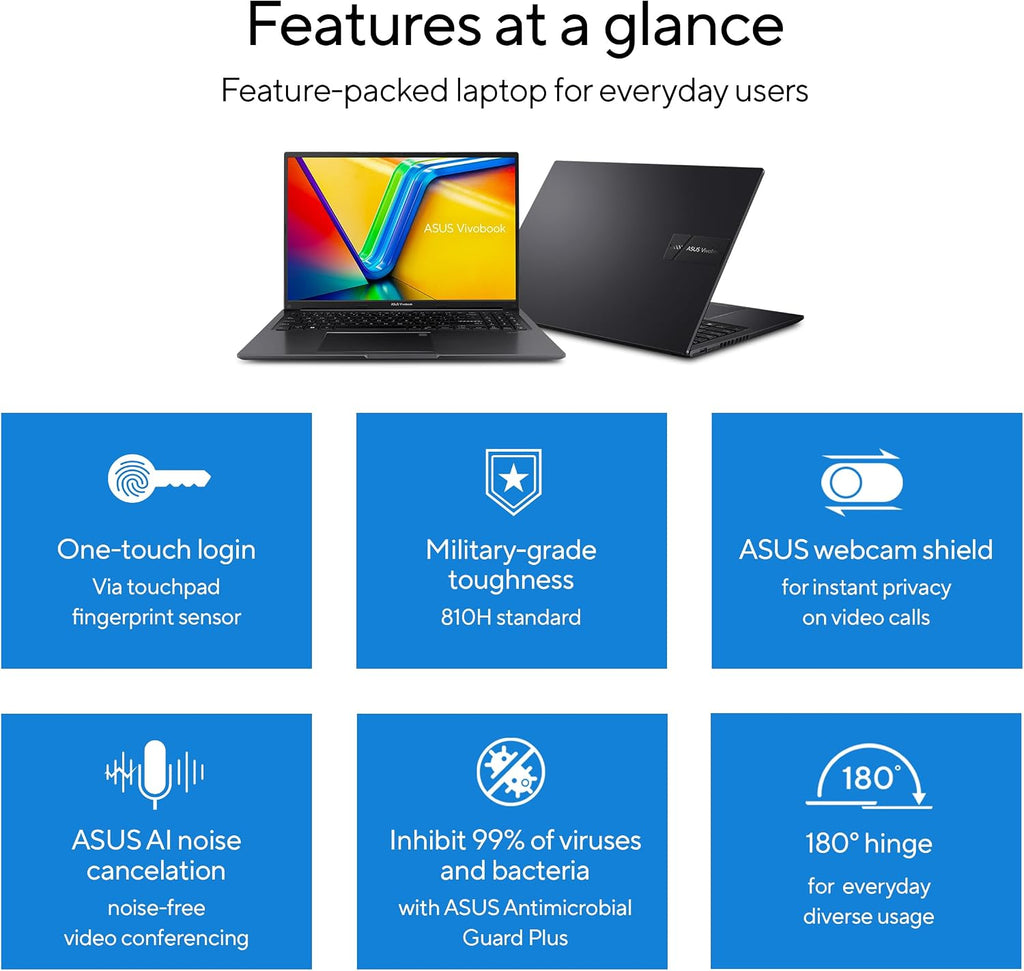 ASUS Vivobook 16 Laptop, 16' WUXGA 1920X1200 16:10 Display, AMD Ryzen™ 5 5625U CPU, AMD Radeon™ Graphics, 8GB RAM, 512GB SSD, Fingerprint Sensor, Windows 11 Home, Indie Black, M1605YA-EH54