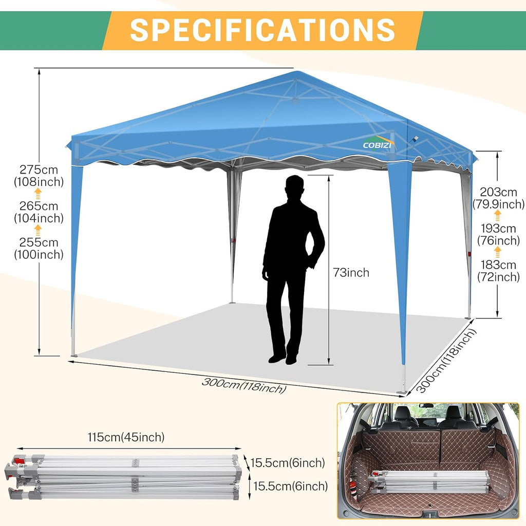 COBIZI 10x10 Pop Up Canopy Tent, Easy Up Canopy with 1-Button Push, Outdoor Canopy Tents with Wavy roof, Portable Canopy for Home, Camping, Outdoor Events, Black