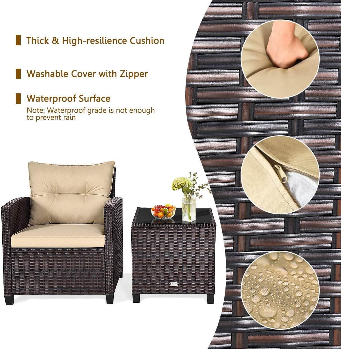 HAPPYGRILL 3 Pieces Patio Conversation Set, Outdoor Furniture Set PE Rattan Sofa Set with Removable Cushions, PE Wicker Chairs with Tempered Glass Side Table for Porch Lawn Garden Balcony Backyard