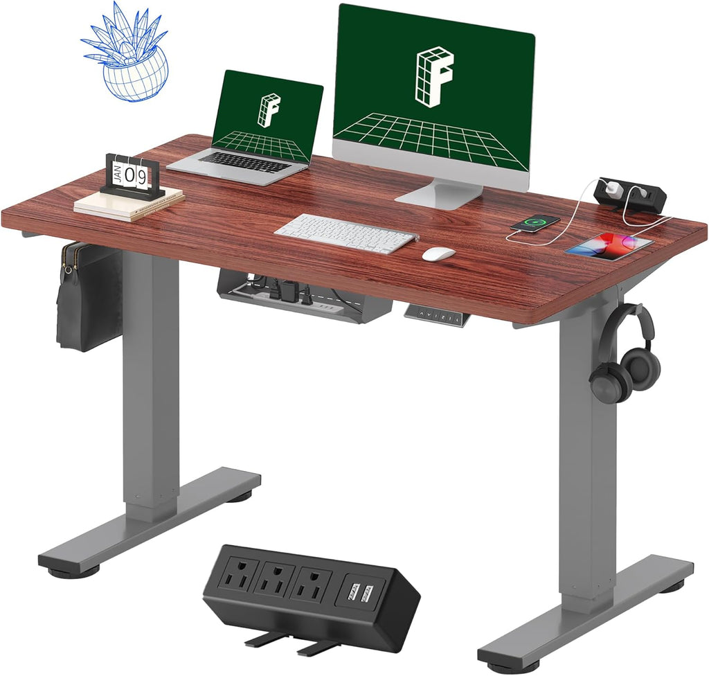 FLEXISPOT EN2 Whole-Piece Standing Desk with Clamp Power Strip, 48 x 24'' Electric Stand Up Height Adjustable Desk with Cable Management (Gray Frame + 48' Mahogany Top, 2 Packages)