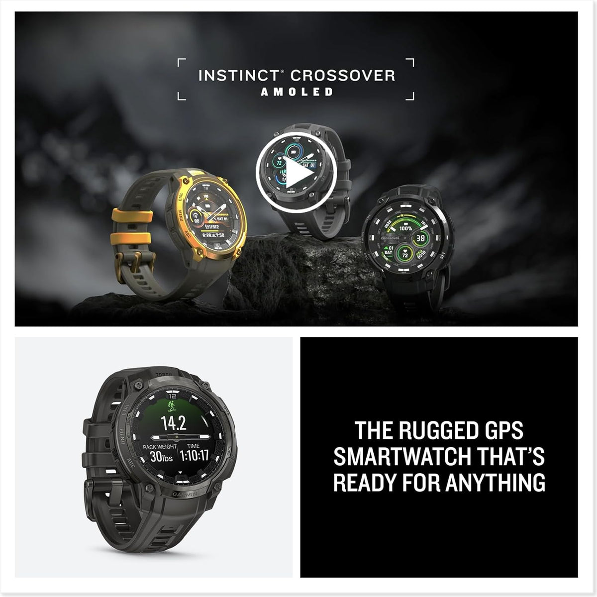 Garmin Instinct® Crossover AMOLED, Rugged Hybrid GPS Smartwatch with Analog Watch Hands and Bright AMOLED Display, Charcoal with Charcoal Silicone Band