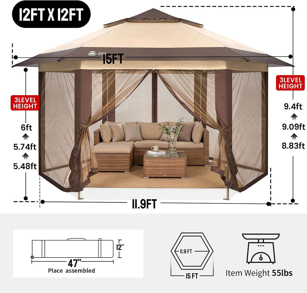 CROWN SHADES 12x12 Pop Up Gazebo with Mosquito Nettings, Patented Center Lock 6-Sided Portable Gazebo, 300D Silver-Coated Fabric UV Resistant, Pop Up Canopy Tent for Patio, Party, Beige&Coffee