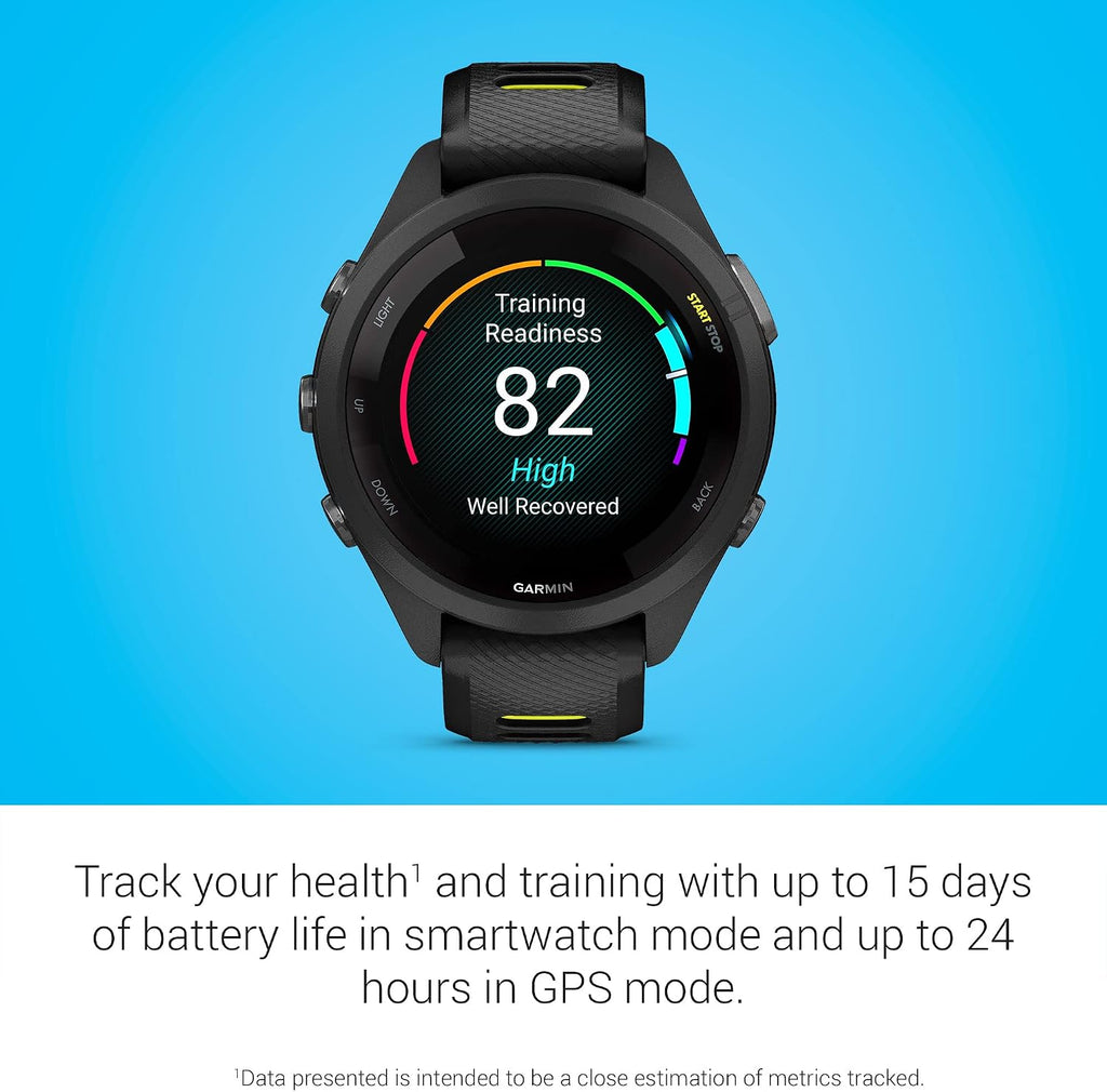 Garmin Forerunner 265S Running Smartwatch, Colorful AMOLED Display, Training Metrics and Recovery Insights, Black and Amp Yellow