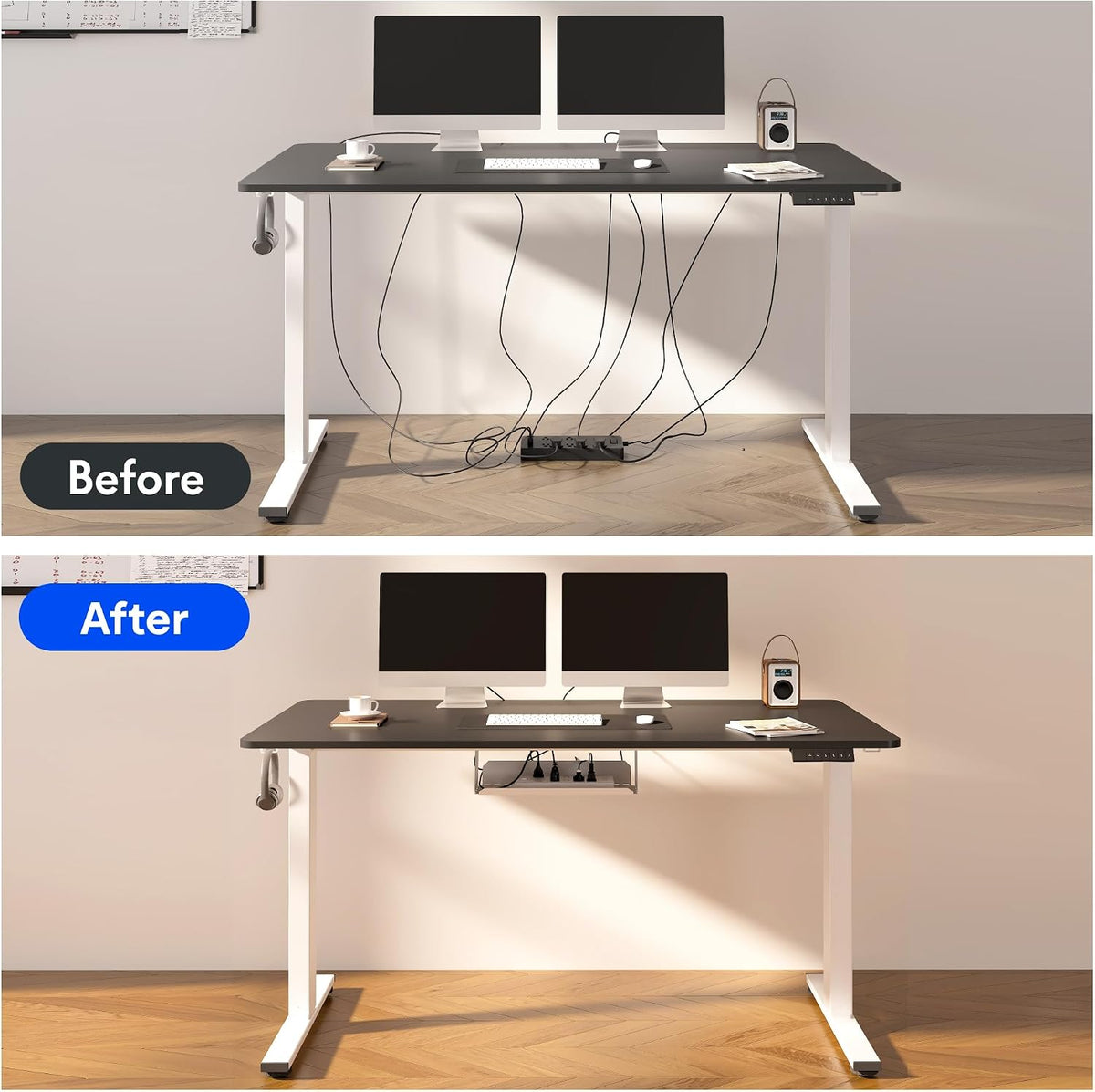 FLEXISPOT EN2 Whole-Piece Standing Desk with Clamp Power Strip, 48x24'' Electric Stand Up Height Adjustable Desk with Cable Management (Black Frame + 48' Black Table Top)