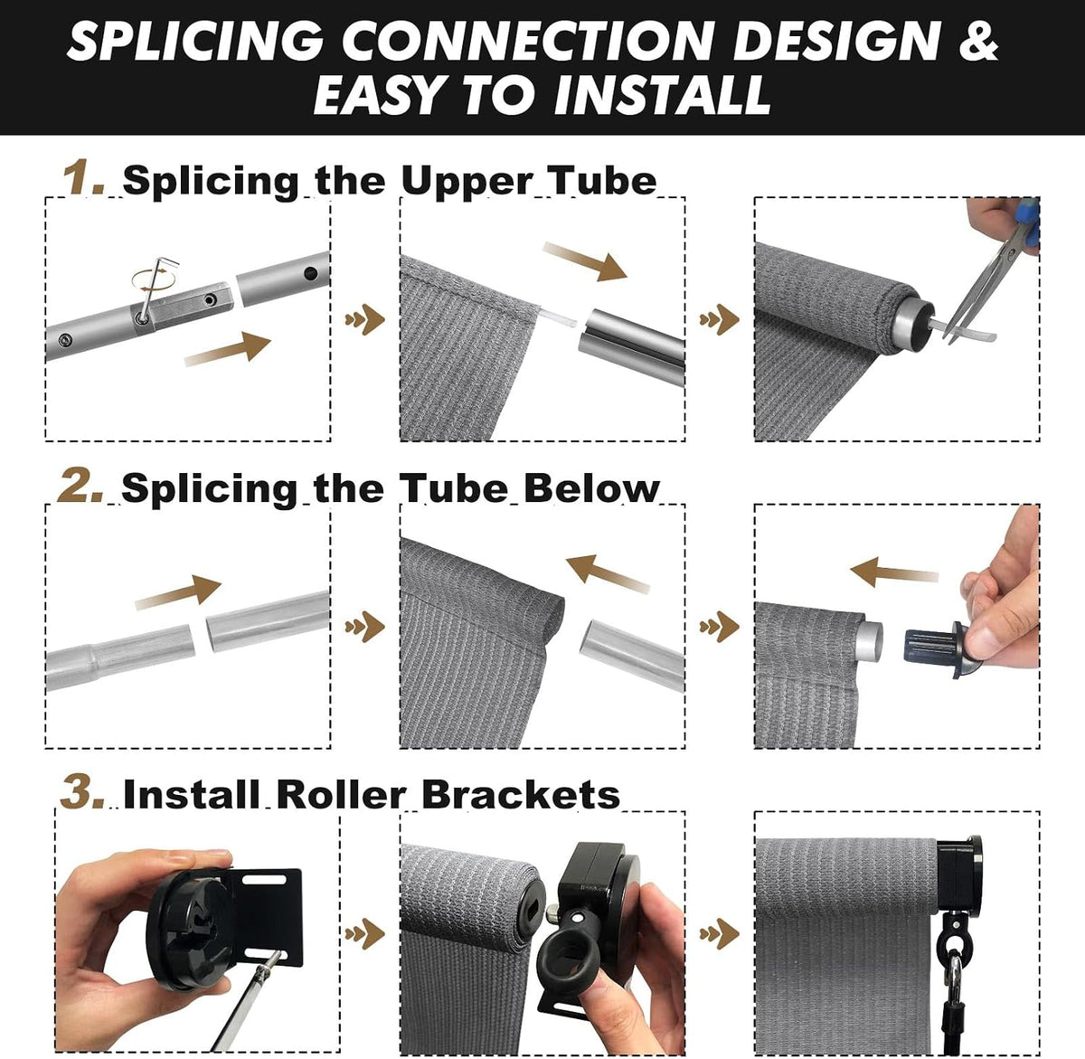 Artpuch Outdoor Roller Shades with Splicing Design, 10' W x 8' H Exterior Cordless Patio Shades Roll Up Blinds for Porch, Gazebo, Pergola, Balcony, Grey