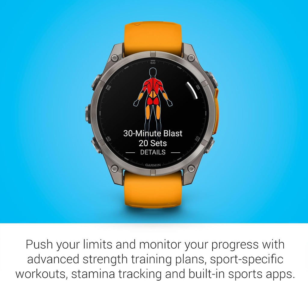 Garmin Fenix 8 Premium Multisport GPS Running Smartwatch, 47 mm | AMOLED, Dive-Rated, Built-in Flashlight | Titanium with Spark Orange/Graphite Band with Signature Series Charging Stand