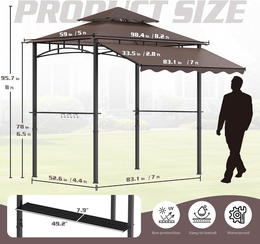 8'X8' Grill Gazebo Canopy - Heavy Duty Steel Frame, Double Tiered Grill Canopy for Outdoor Grill W/Shelves, Ceiling Hooks, Ground Stakes, Patio Canopys Tent BBQ Gazebo Backyard (Brownness)