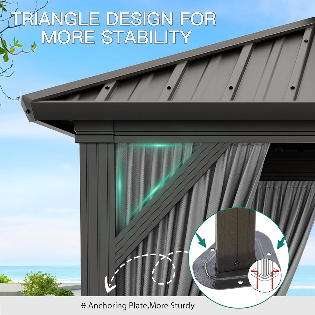 GarveeLife 10x12 ft Double Roof Hardtop Gazebo, Heavy Duty Galvanised Steel Hardtop Pavilion with Nettings and Curtains, Aluminum Gazebo for Patio, Terrace, Lawn and Deck, Grey