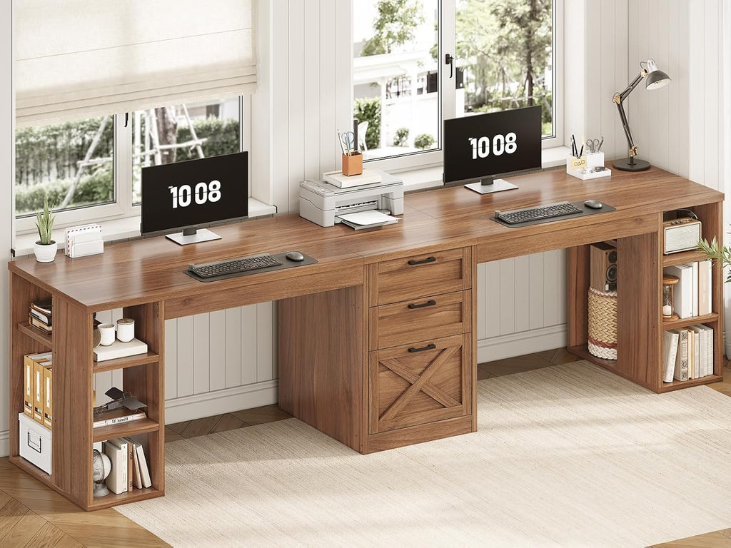 SEDETA Farmhouse 96.5' Computer Desk with Drawers, 2 Person Home Office Desk, Gaming Double Desk with Storage Shelves, Long Two Person Writing Desk, Brown