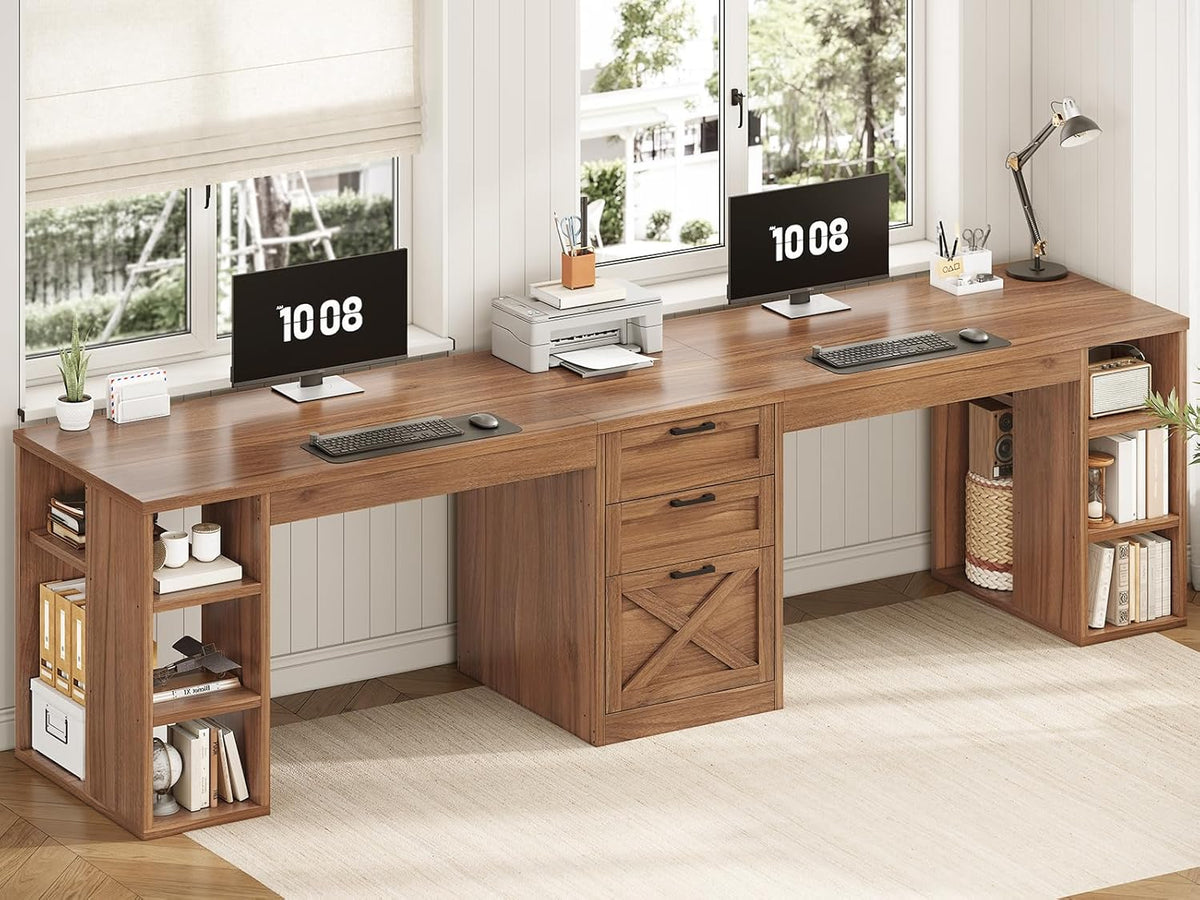 SEDETA Farmhouse 96.5' Computer Desk with Drawers, 2 Person Home Office Desk, Gaming Double Desk with Storage Shelves, Long Two Person Writing Desk, Brown