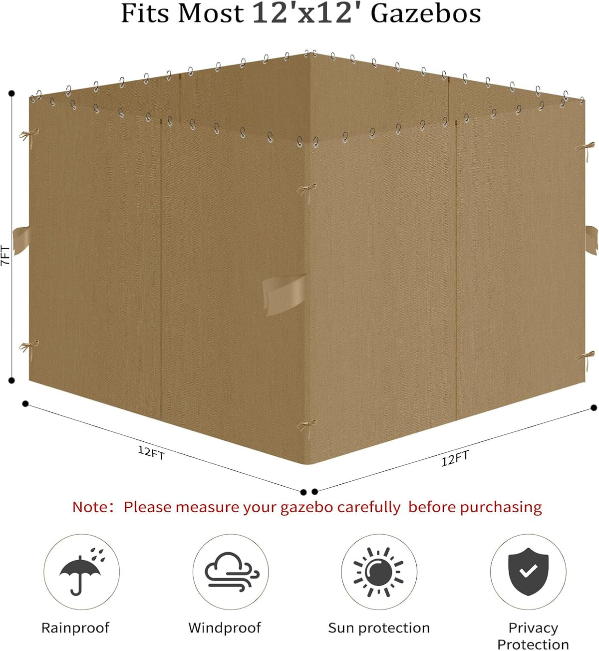 12'x12' Gazebo Curtains Outdoor Waterproof, 4-Panels Sidewalls with Zipper, Universal Replacement for Patio Privacy Screen(Only Curtains)