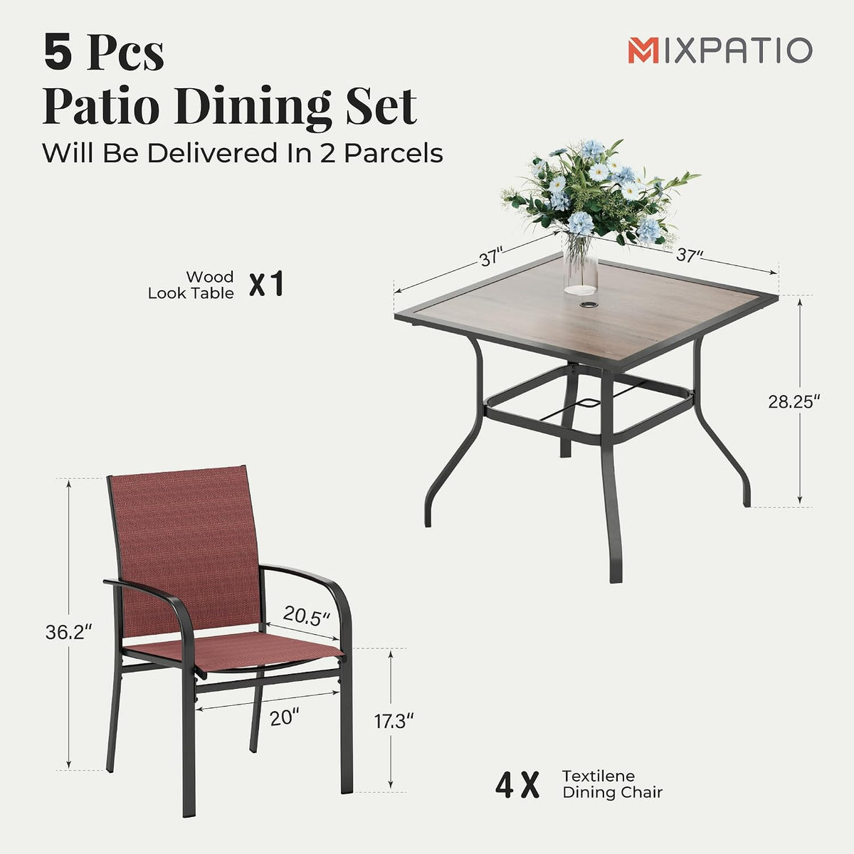 MIXPATIO 5 Pieces Patio Table and Chairs Set, 4 Person Outdoor Dining Furniture Set, 4 Red Textilene Chairs and 37' Wood-Like Table Top Table with Umbrella Hole, for Deck Backyard Lawn
