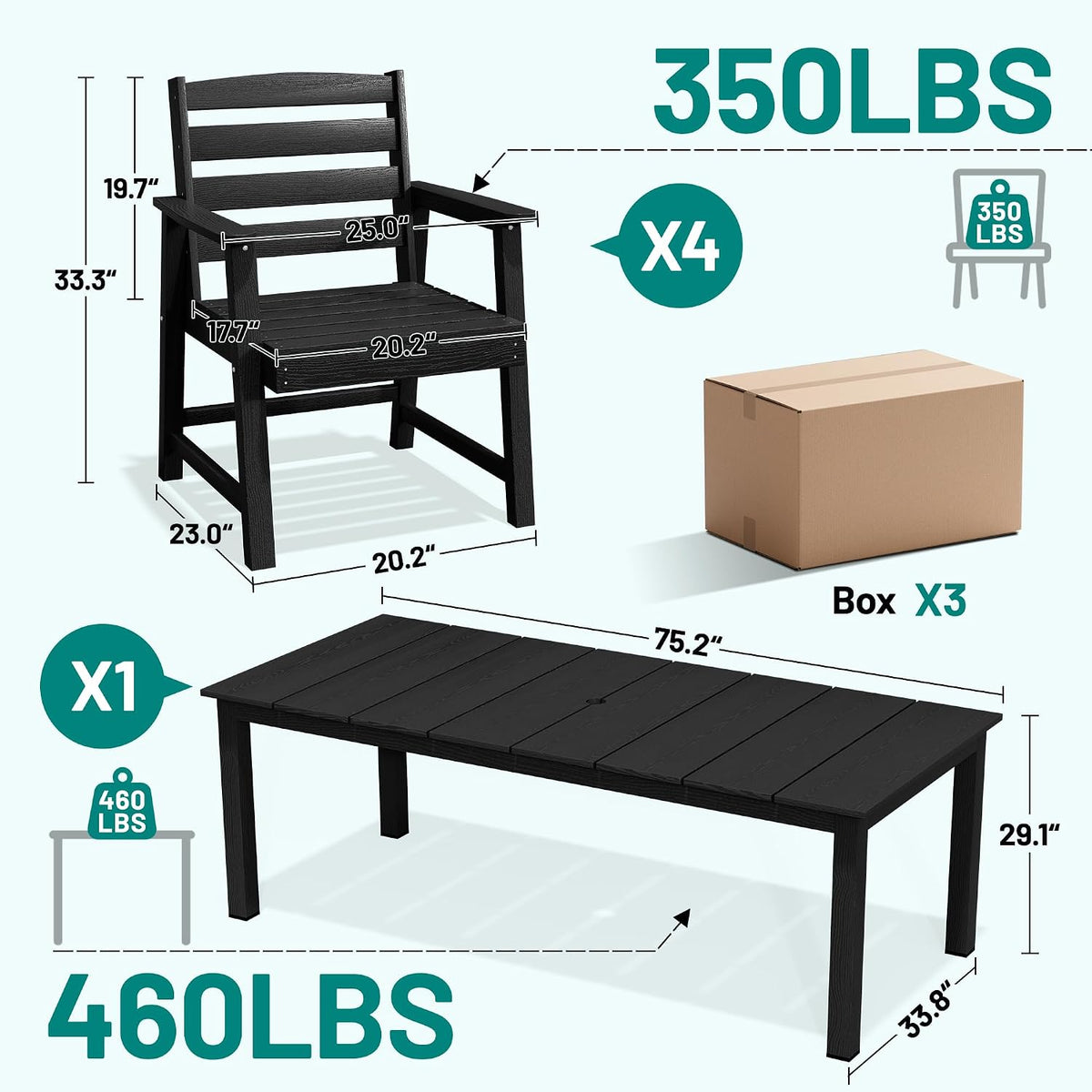 PLUUV Outdoor Dining Table with Aluminum Legs, All-Weather HDPE Rectangular Outdoor Dining Tables with 2' Umbrella Hole, Heavy-Duty Weatherproof Patio Dining Table for Backyard Deck, Black