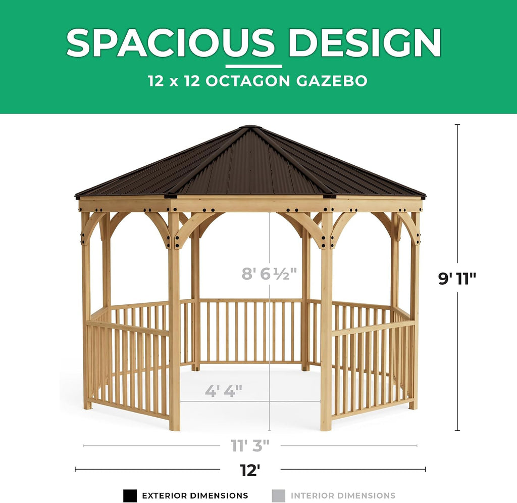 Yardistry 12' Meridian Octagon Cedar Gazebo with Aluminum Roof for Patios, Decks, Garden, Backyard, Durable