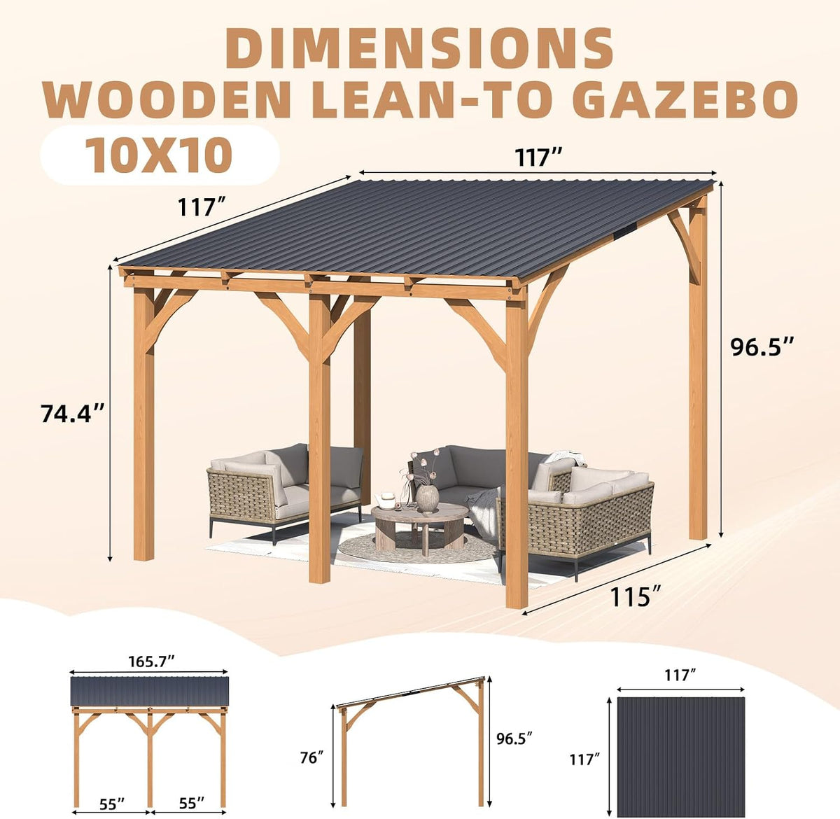 AECOJOY 10' x 10' Outdoor Wood Ceder Gazebo for Patio, Outdoor Lean to Hardtop Pergolas and Gazebos Clearance, Wall Mounted Wooden Gazebo Heavy Duty Awnings for Patio, Decks, Backyard