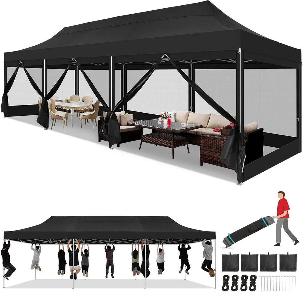COBIZI 10x30 Heavy Duty Pop Up Canopy Tent with 8 Sidewalls, Easy Set Up Outdoor Waterproof Screen Commercial Party Tent with Mosquito Netting for Parties Backyard Patio, Roller Bag, Black