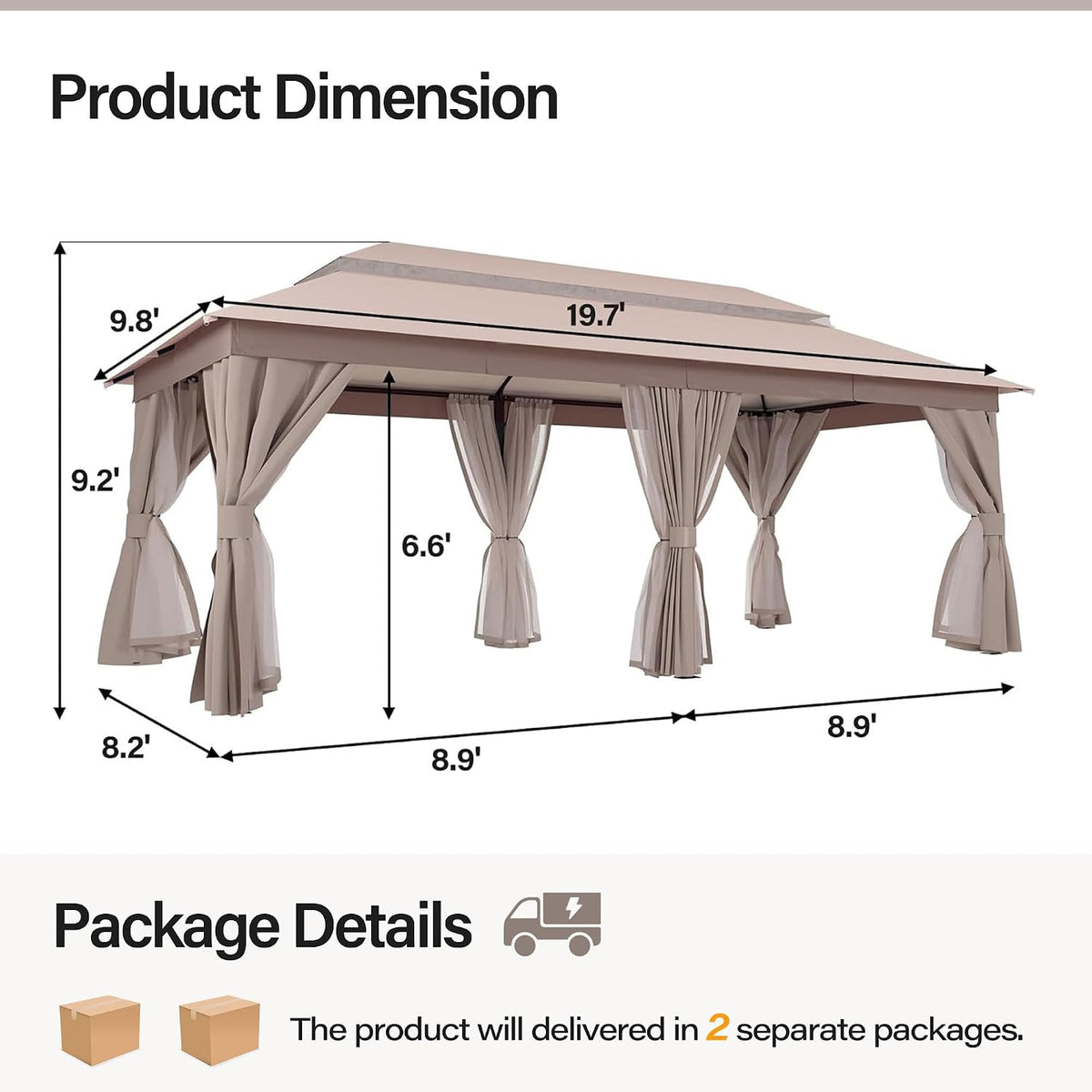 LAUSAINT HOME 10'x20' Outdoor Gazebo, Metal Frame Heavy Duty Patio Canopy Tent Shelter with Double Roofs, Mosquito Nettings and Privacy Screens for Backyard, Garden, Lawn, Khaki