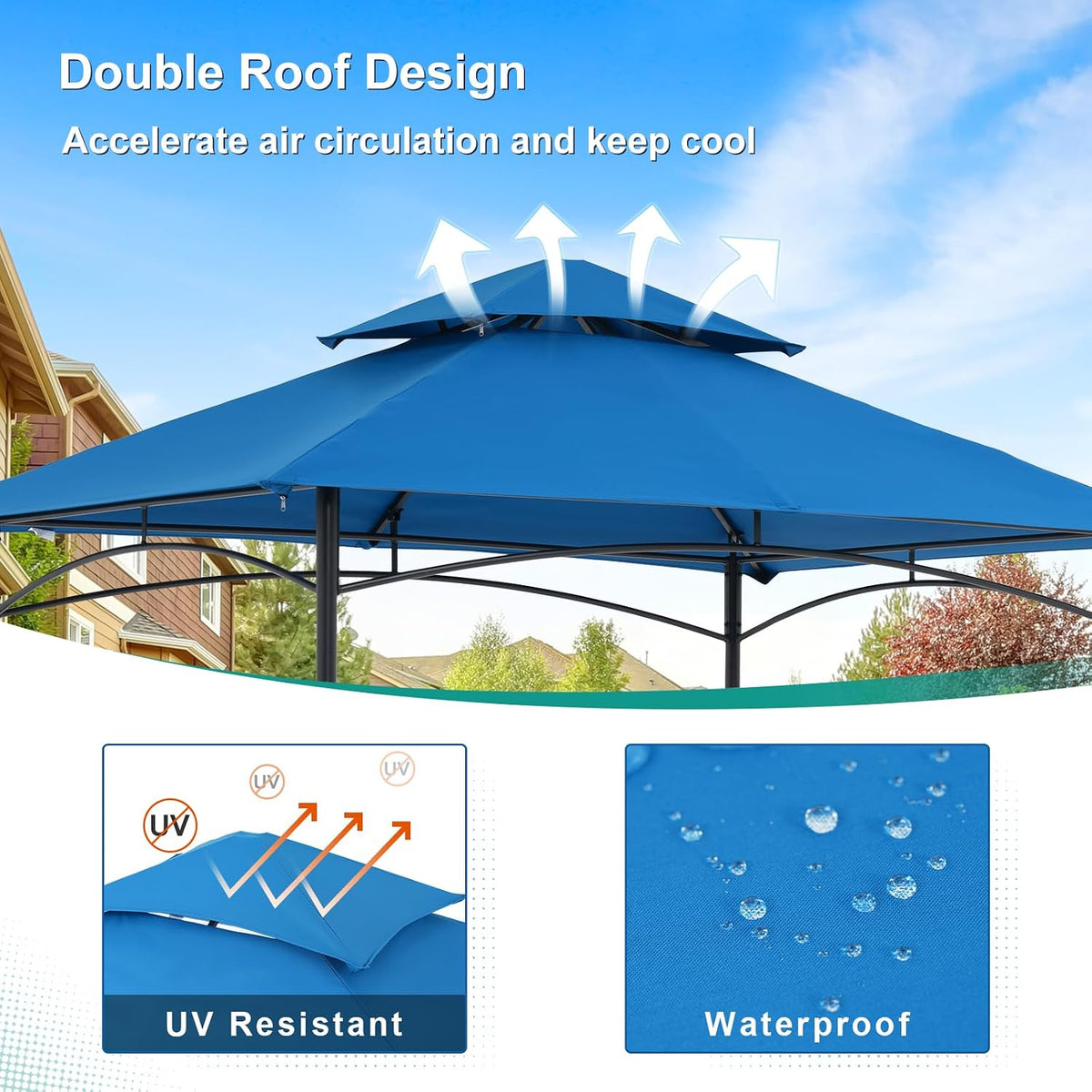COBANA Grill Gazebo 8'x 5' Outdoor Patio Backyard BBQ Grill Shelter Double Tiered Soft Canopy Top with Steel Frame and Bar Counters, Blue