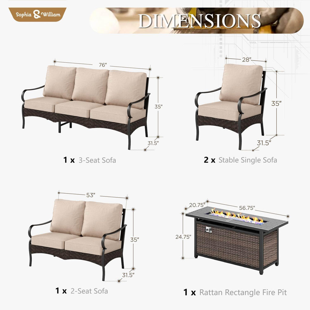 Sophia & William Patio Furniture Set with Fire Pit Table, 5 PCS Metal Outdoor Conversation Set with Fire Pit Table, 2 Sofa Chairs,1 Loveseat, 3-Seater Couch for Outdoor Seating, Backyard, Porch(Beige)