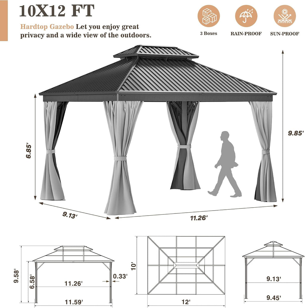 WKM 10x12 FT Hardtop Gazebo with Heavy Duty Galvanized Steel Double Roof, Aluminum Frame Permanent Pavilion with Curtains and Netting, Outside Canopy Gazebo for Patio, Deck and Backyard, Grey
