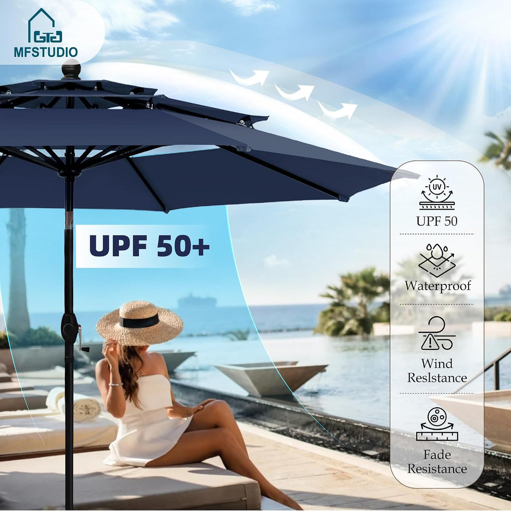 MFSTUDIO Patio Dining Set for 4, Outdoor Furniture Set with Navy Umbrella (Base not Included), Wood-Like Square Table and 4 Swivel Chairs for Patio, Deck, Backyard, Garden