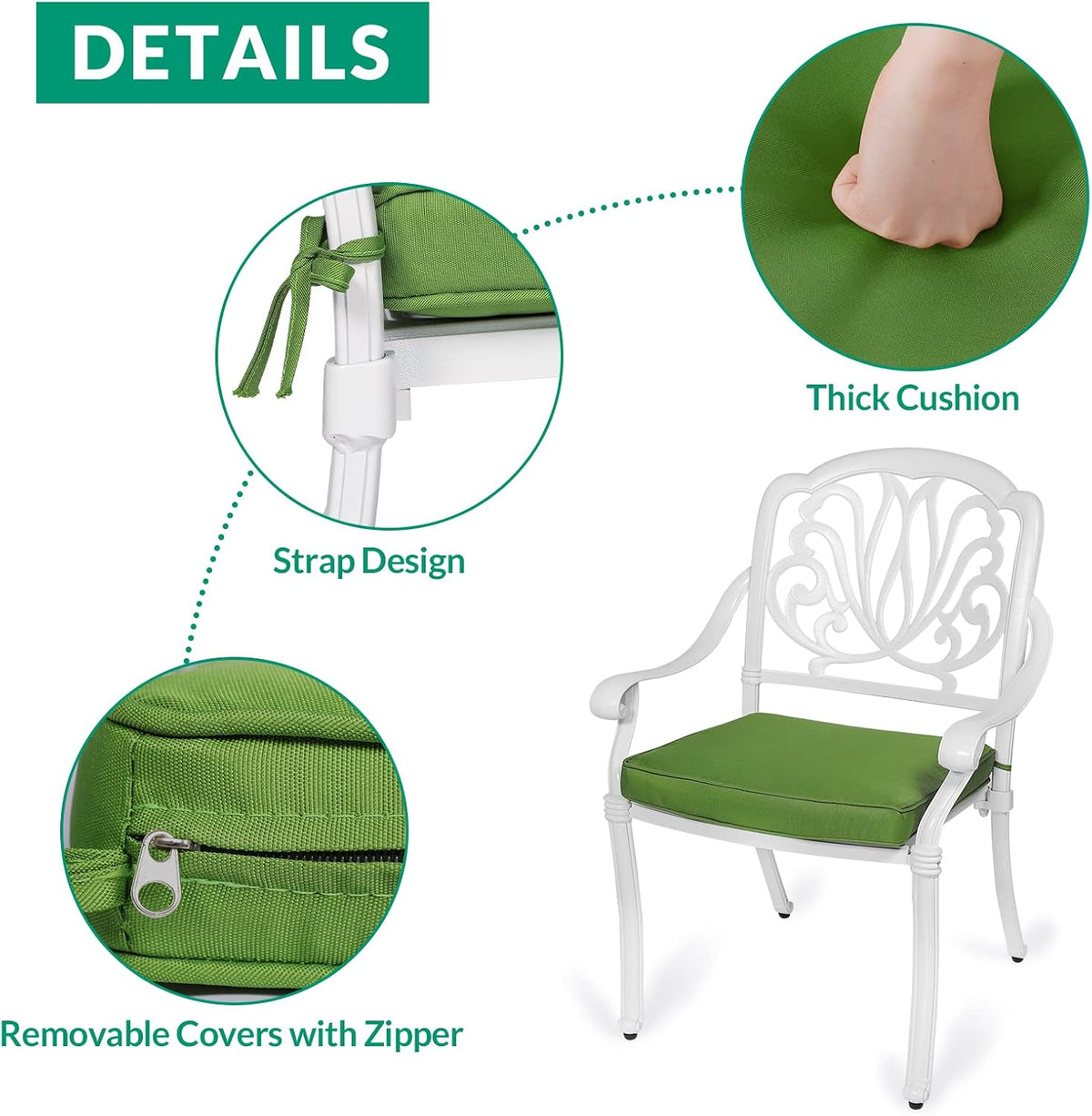 VIVIJASON 5-Piece Patio Furniture Dining Set, All-Weather White Cast Aluminum Outdoor Conversation Set, Include 4 Cushioned Chairs and a 35.4' Round Table w/Umbrella Hole for Balcony Lawn Garden