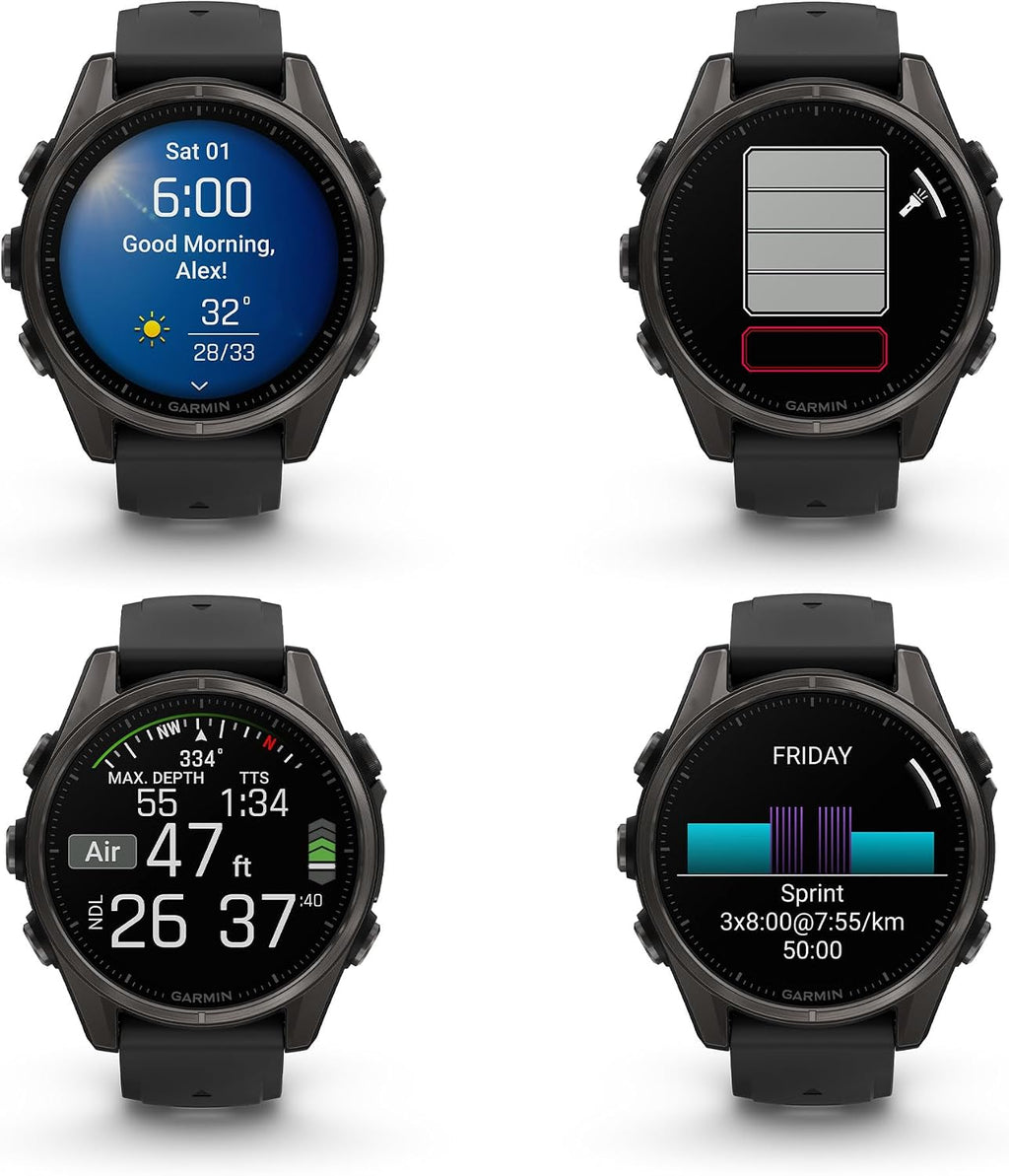 Garmin Fenix 8 43MM AMOLED Sapphire Premium Multisport GPS Smartwatch Carbon Gray DLC Titanium with Black Gray Silicone Band, LED Flashlight, Fitness & Health Smart Watch Bundle