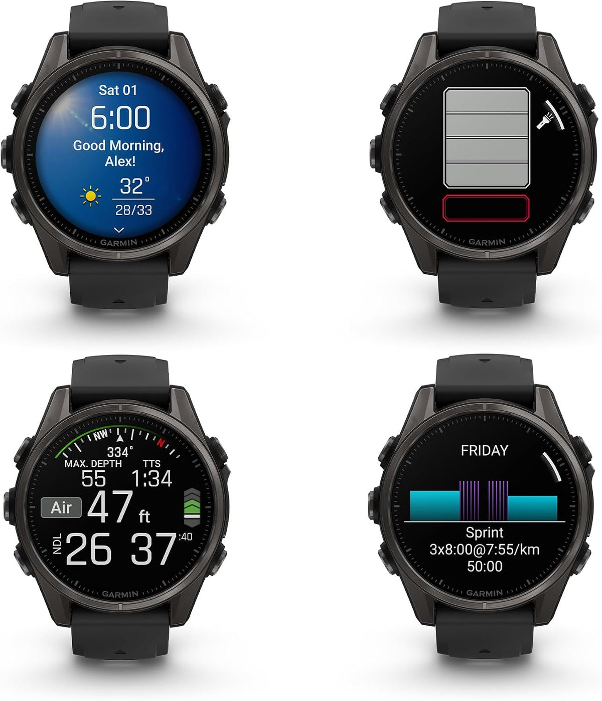 Garmin Fenix 8 43MM AMOLED Sapphire Premium Multisport GPS Smartwatch Carbon Gray DLC Titanium with Black Gray Silicone Band, LED Flashlight, Fitness & Health Smart Watch Bundle