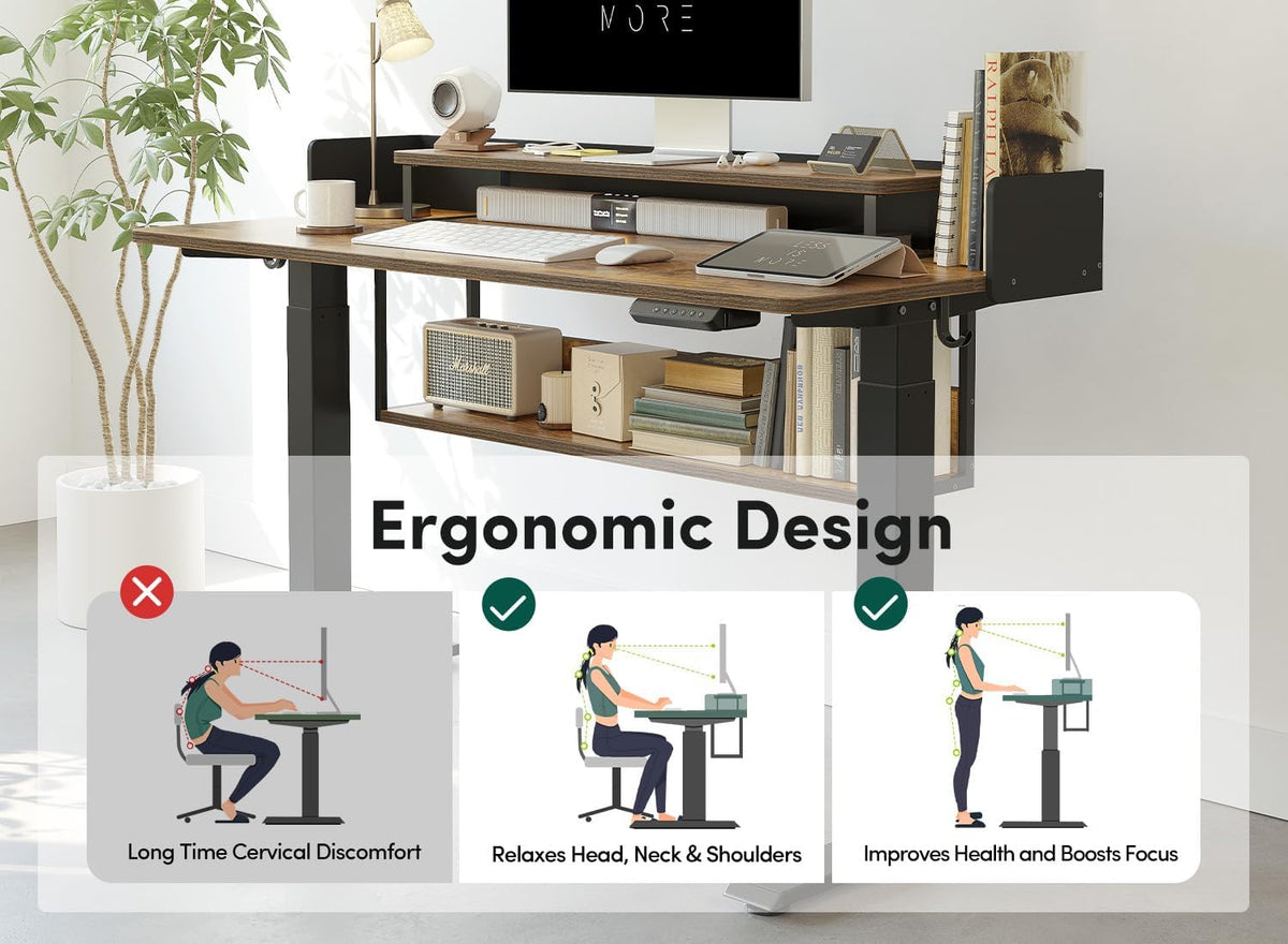 FEZIBO 55' Electric Standing Desk with Shelves, 55x24 Inches Sit Stand Rising Computer Desk with Monitor Shelf, Home Office Desks with Hook, Adjustable Height Stand Up Workstation Table, Light Walnut
