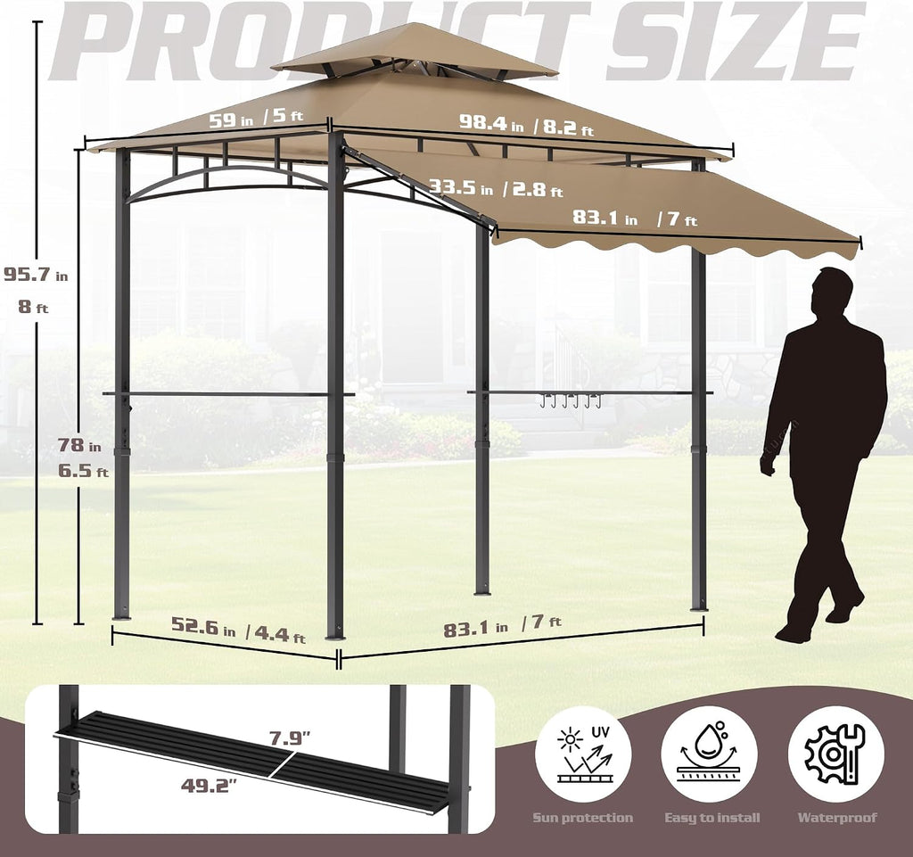 8'X8' Grill Gazebo Canopy - Heavy Duty Steel Frame, Double Tiered Grill Canopy for Outdoor Grill W/Shelves, Ceiling Hooks, Ground Stakes, Patio Canopys Tent BBQ Gazebo Backyard (Kahki)