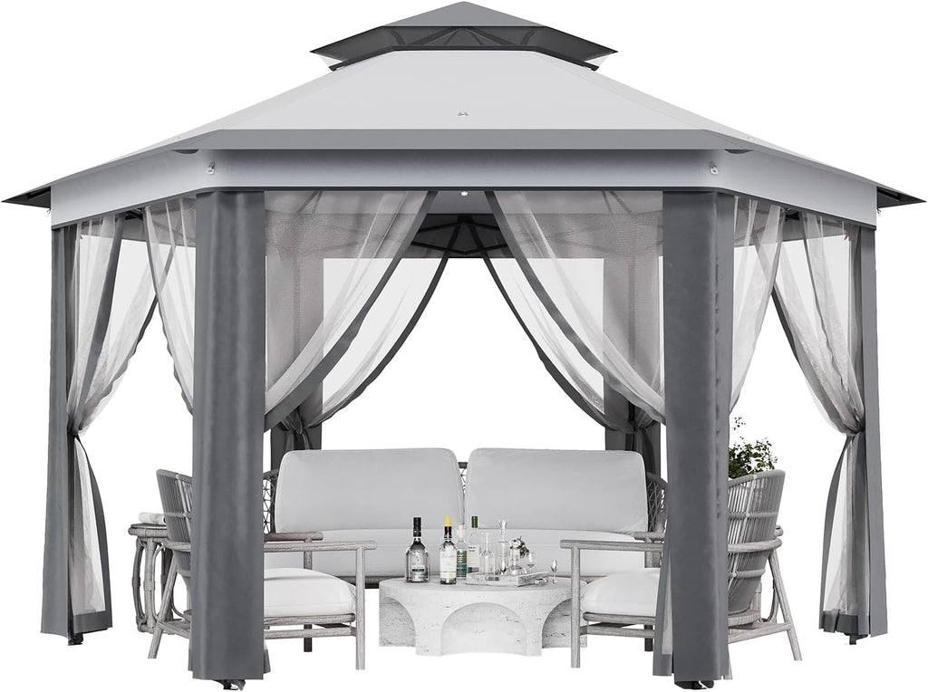 13' x 13' Pop-Up Gazebo, Hexagonal Canopy Shelter with 6 Zippered Mesh Netting, Event Tent with Strong Steel Frame for Backyard, Garden, Lawn, Dark Grey and Light Grey