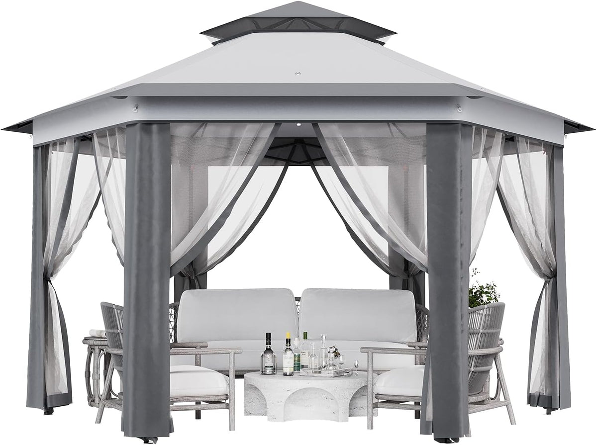 13' x 13' Pop-Up Gazebo, Hexagonal Canopy Shelter with 6 Zippered Mesh Netting, Event Tent with Strong Steel Frame for Backyard, Garden, Lawn, Dark Grey and Light Grey