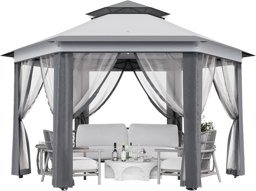 13' x 13' Pop-Up Gazebo, Hexagonal Canopy Shelter with 6 Zippered Mesh Netting, Event Tent with Strong Steel Frame for Backyard, Garden, Lawn, Dark Grey and Light Grey