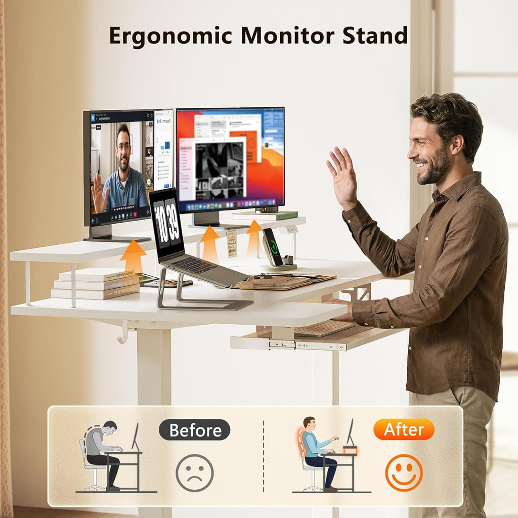 OffiGo U Shaped Electric Standing Desk with Keyboard Tray, 63 Inch Height Adjustable Desk with Power Outlets & LED Lights, Sit Stand Table with Monitor Stand for Home, Office, White