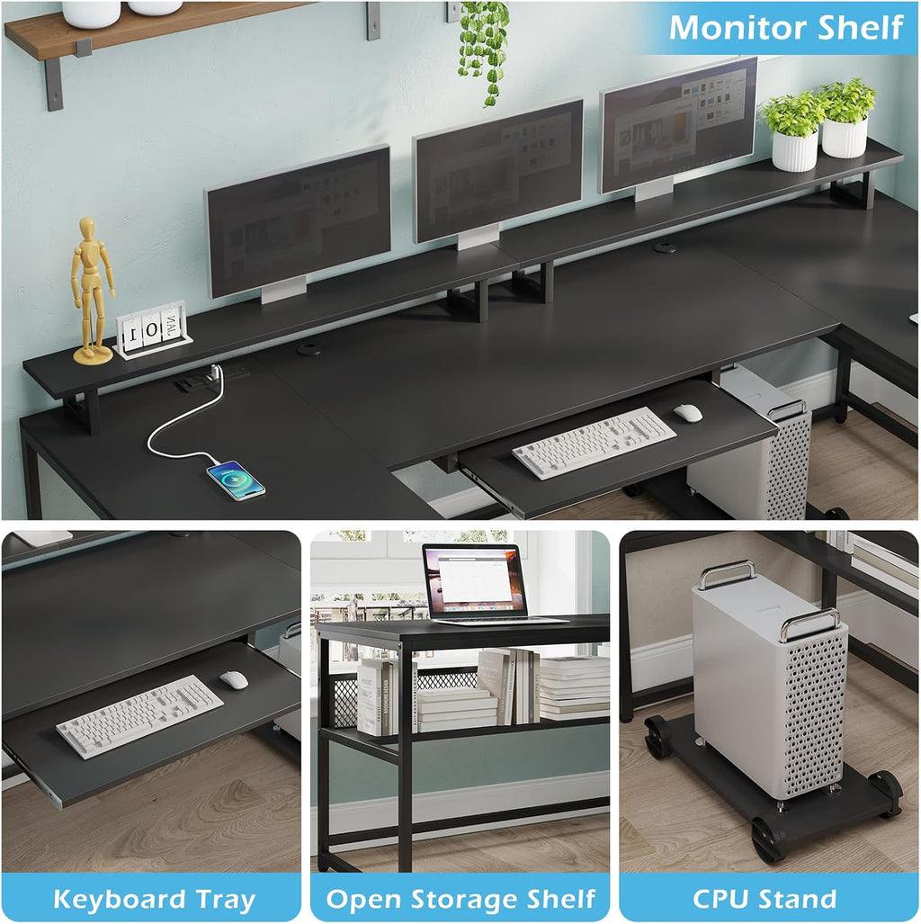 SEDETA U Shaped Desk,101.5''Reversible L Shaped Home Office Desk with Drawer & Power Outlet,Computer Two Person Desk with Monitor Shelf, Keyboard Tray, Black