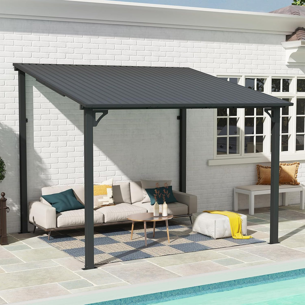 SUNSITT 8 * 10FT Outdoor Gazebo, Lean to Gazebo Pergola w/Drainage Holes, Wall-Mounted Gazebos with Galvanized Iron Hard Top Awnings for Yard, Dark Grey