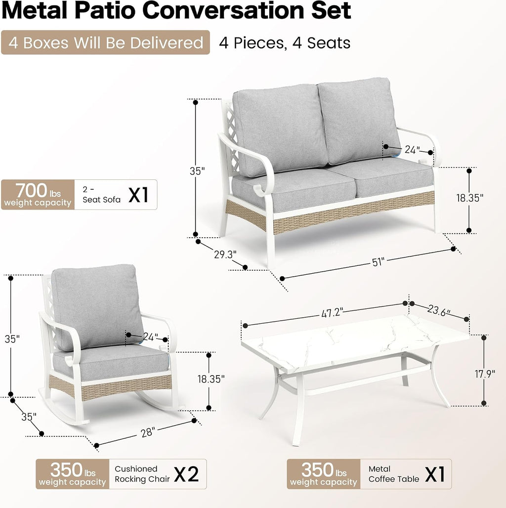 SUNSHINE VALLEY 4 Piece Metal Outdoor Patio Furniture Set, Patio Conversation Sets 1 2-Seater Sofa, 2 Single Sofa with 5.75' Extra Thick Cushion and Coffee Table, White Frame Backyard Furniture, Gray