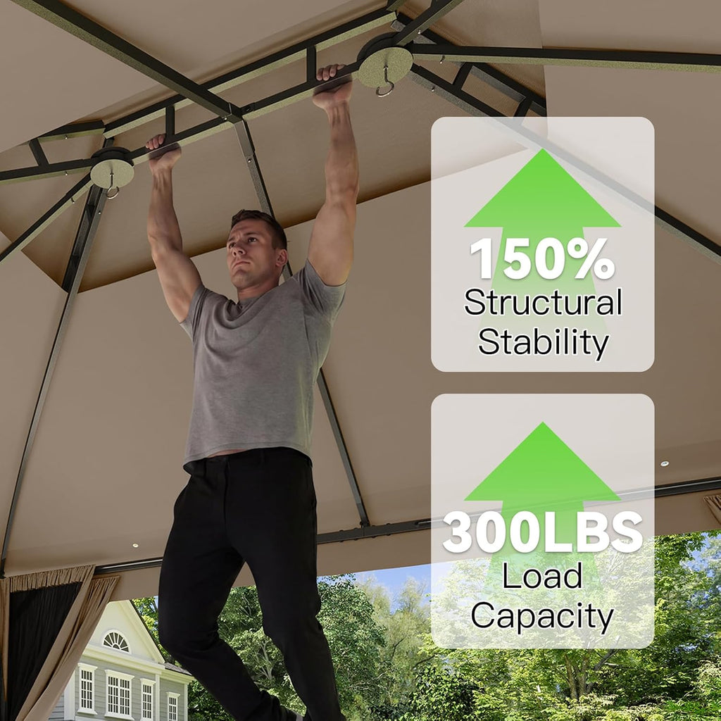 Aoxun 10x12 Outdoor Gazebo with 50FT LED Hanging Lights Metal Frame Canopy with Double Roofs Heavy Duty Party Tent Shelter with Mosquito Netting and Privacy Screen for Backyard, Lawn, Garden(Khaki)