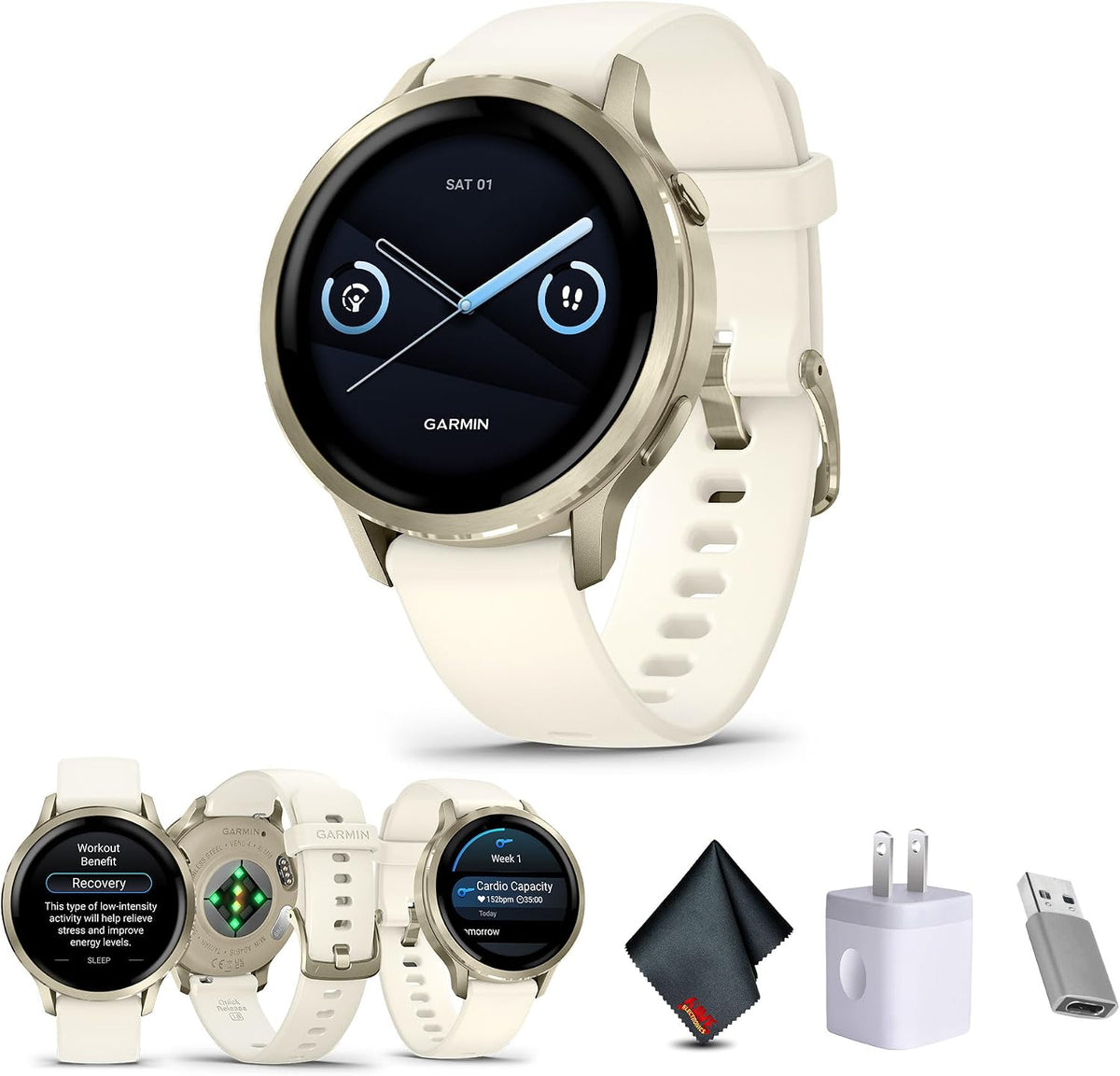 Garmin Venu 4, 41mm, Advanced Fitness Tracker GPS Smartwatch, 1.2' AMOLED Display, Built-in Flashlight, 10 Days of Battery Life, Lunar Gold with Bone Silicone Band (Watch Bundle)