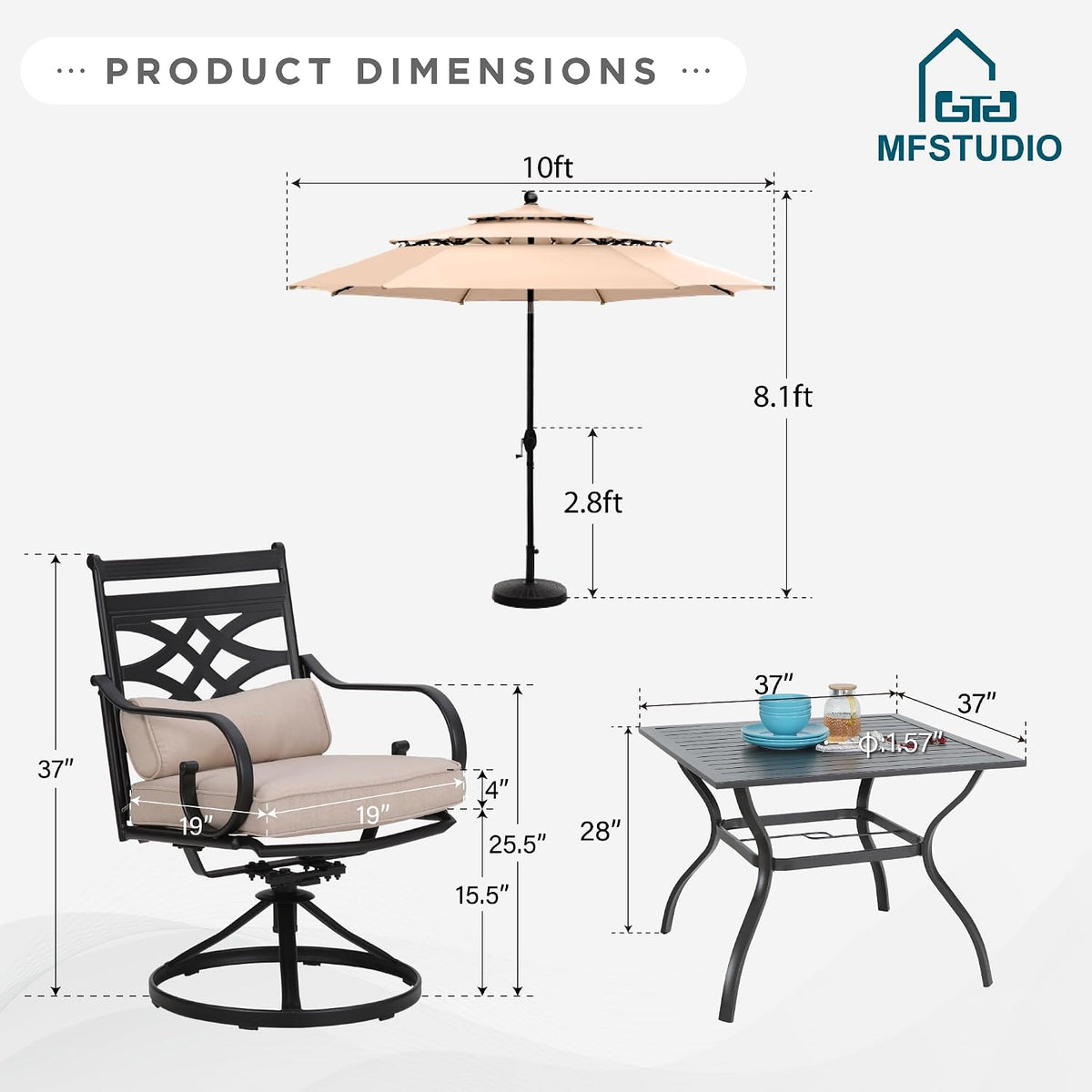 MFSTUDIO Patio Dining Sets for 4, Patio Furniture Set with Umbrella, 6 Piece Outdoor Dining Set for Deck, Poolside, Backyard, Garden (Umbrella Base Not Included)