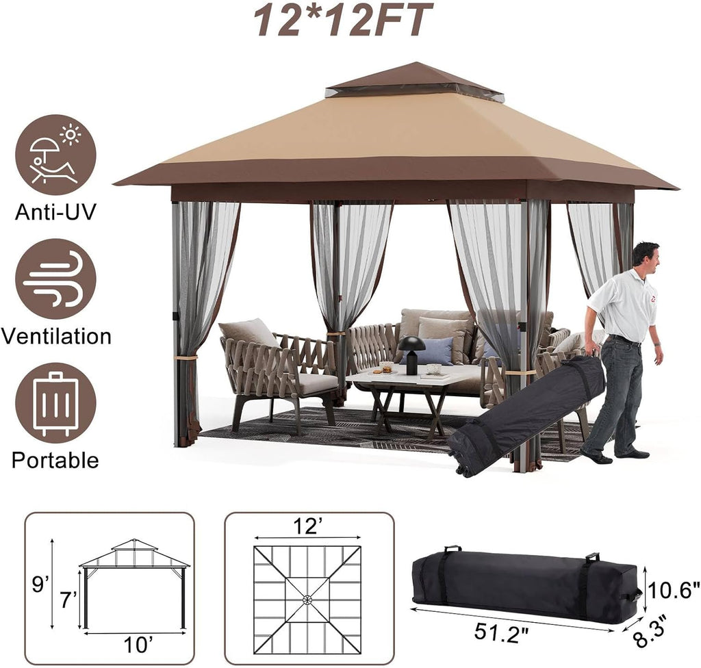 GAOMON 12 X 12ft Pop-up Gazebo, Double Roof Outdoor Canopy Tent with Mosquito Netting, Camping Canopy Gazebo for Lawn, Patio and Garden