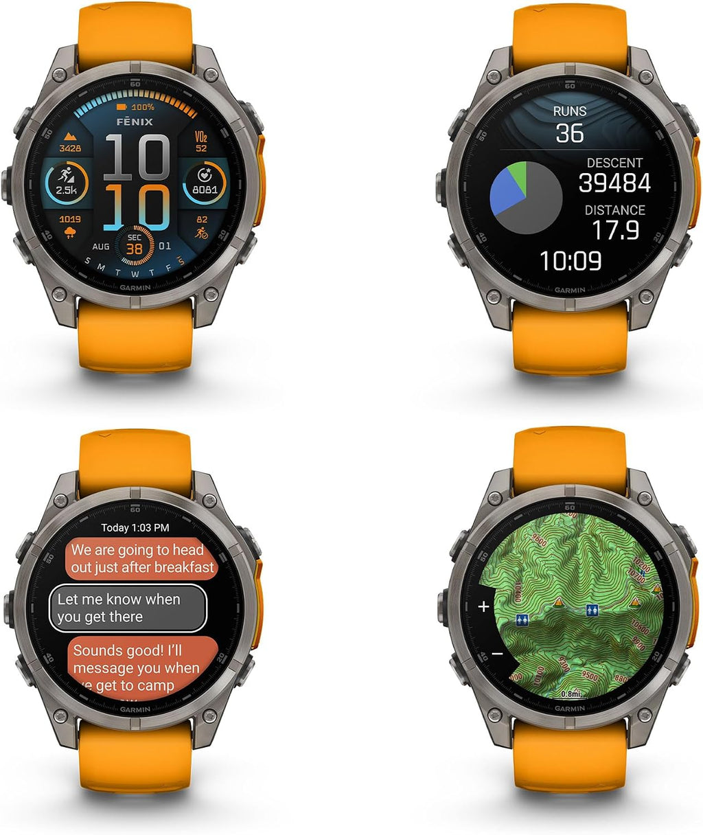 Garmin Fenix 8 47MM AMOLED Sapphire Premium Multisport GPS Smartwatch Titanium with Spark Orange/Graphite Silicone Band, Built-in LED Flashlight, Health & Fitness Smart Watch Bundle for Men & Women